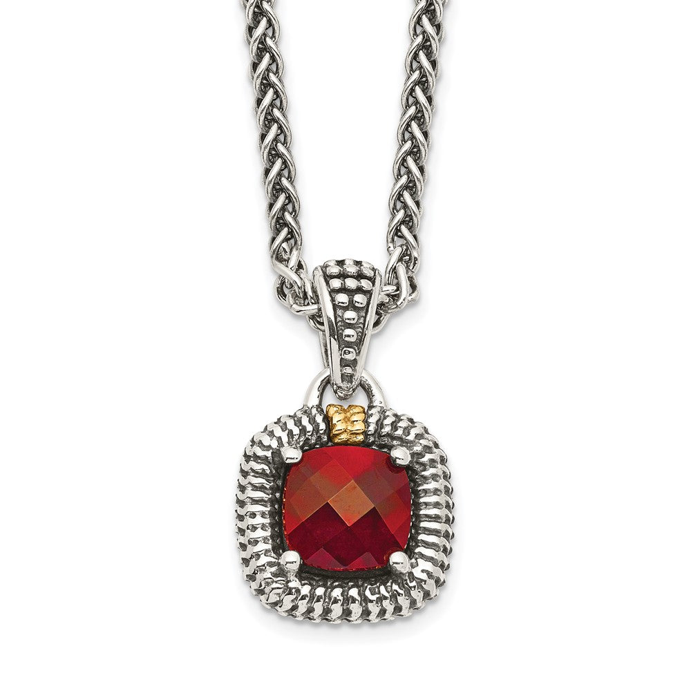 14K/Silver Two Tone Shey Couture Sterling Silver With 14K Accent 18 Inch Antiqued Checkerboard Bezel Garnet Necklace