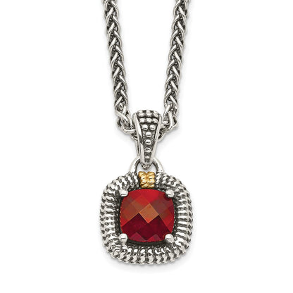 14K/Silver Two Tone Shey Couture Sterling Silver With 14K Accent 18 Inch Antiqued Checkerboard Bezel Garnet Necklace