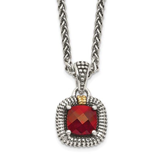 14K/Silver Two Tone Shey Couture Sterling Silver With 14K Accent 18 Inch Antiqued Checkerboard Bezel Garnet Necklace