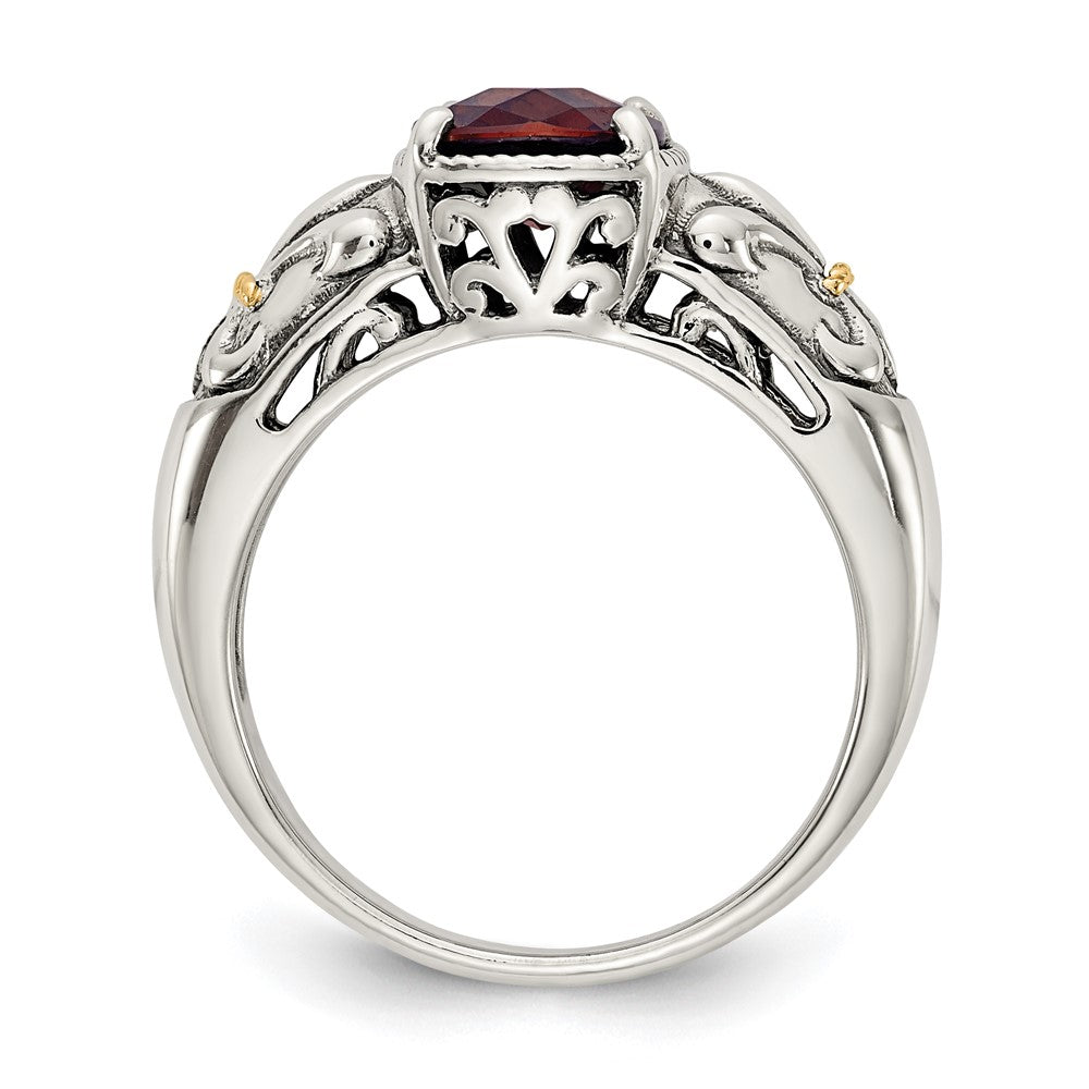 14K/Silver Two Tone Shey Couture Sterling Silver With 14K Accent Antiqued Cushion Checkerboard Garnet Ring