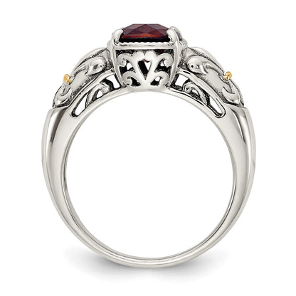 14K/Silver Two Tone Shey Couture Sterling Silver With 14K Accent Antiqued Cushion Checkerboard Garnet Ring