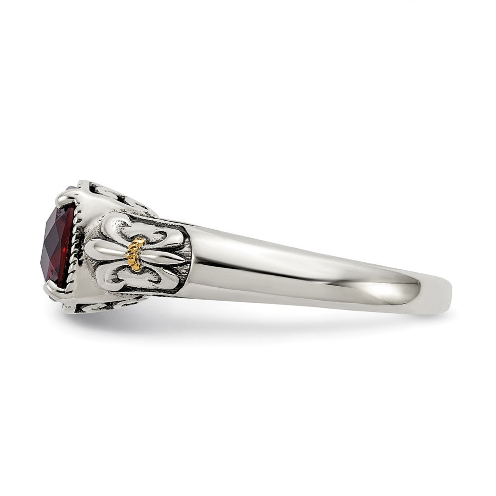 14K/Silver Two Tone Shey Couture Sterling Silver With 14K Accent Antiqued Cushion Checkerboard Garnet Ring