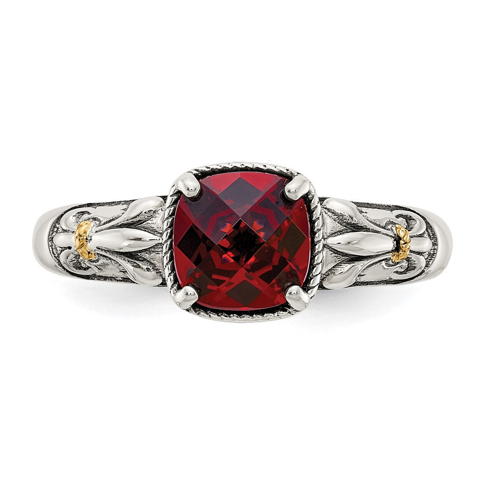 14K/Silver Two Tone Shey Couture Sterling Silver With 14K Accent Antiqued Cushion Checkerboard Garnet Ring