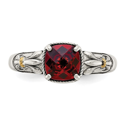 14K/Silver Two Tone Shey Couture Sterling Silver With 14K Accent Antiqued Cushion Checkerboard Garnet Ring