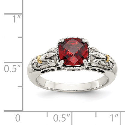 14K/Silver Two Tone Shey Couture Sterling Silver With 14K Accent Antiqued Cushion Checkerboard Garnet Ring