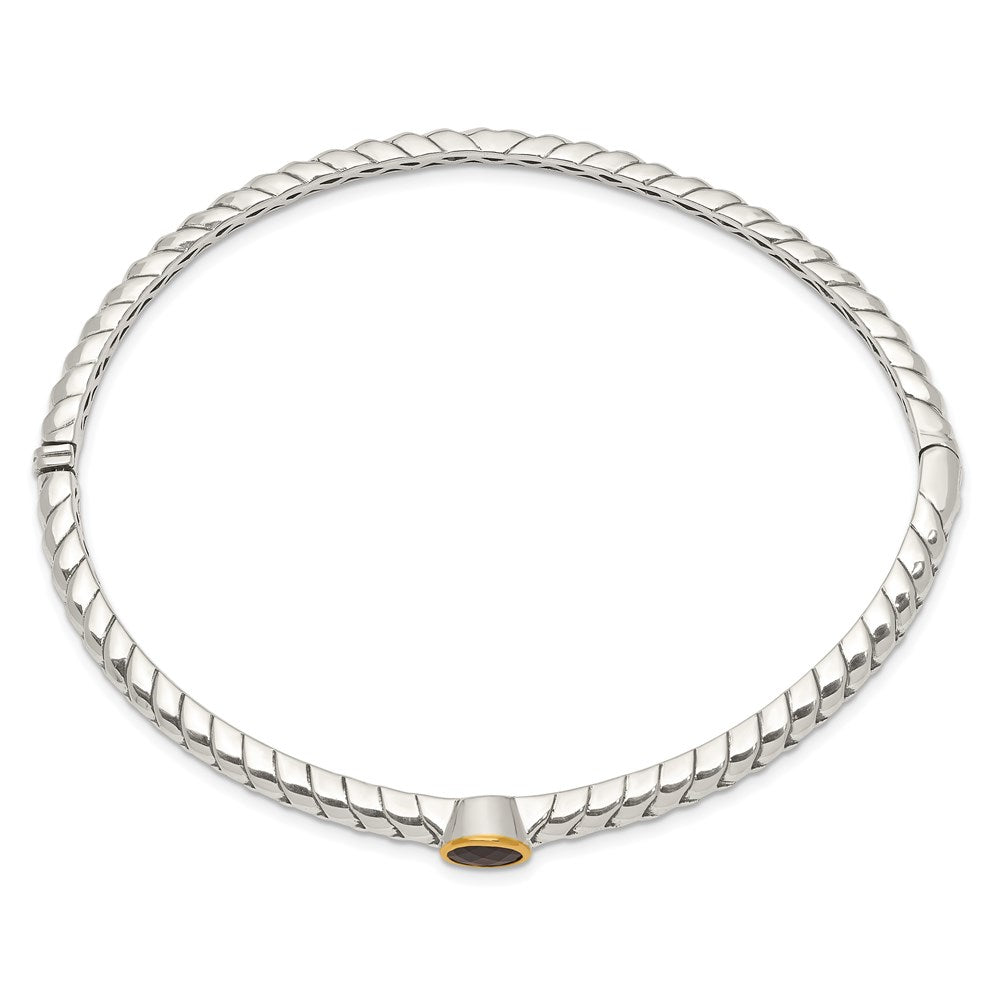 14K/Silver Two Tone Shey Couture Sterling Silver With 14K Accent Antiqued Round Bezel Garnet Bangle Bracelet