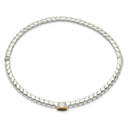 14K/Silver Two Tone Shey Couture Sterling Silver With 14K Accent Antiqued Round Bezel Garnet Bangle Bracelet