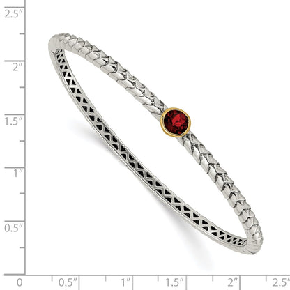 14K/Silver Two Tone Shey Couture Sterling Silver With 14K Accent Antiqued Round Bezel Garnet Bangle Bracelet
