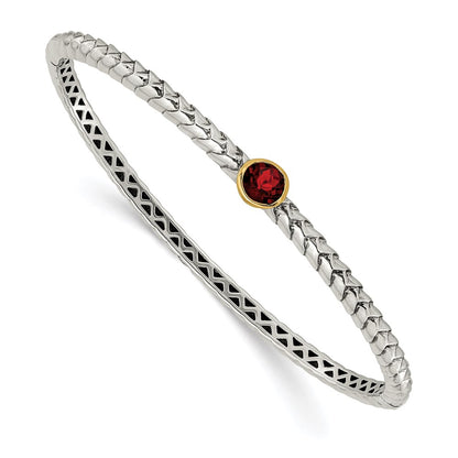14K/Silver Two Tone Shey Couture Sterling Silver With 14K Accent Antiqued Round Bezel Garnet Bangle Bracelet