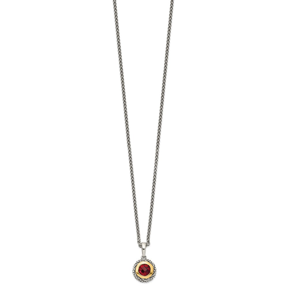 14K/Silver Two Tone Shey Couture Sterling Silver With 14K Accent 18 Inch Antiqued Checkerboard Round Bezel Garnet Necklace