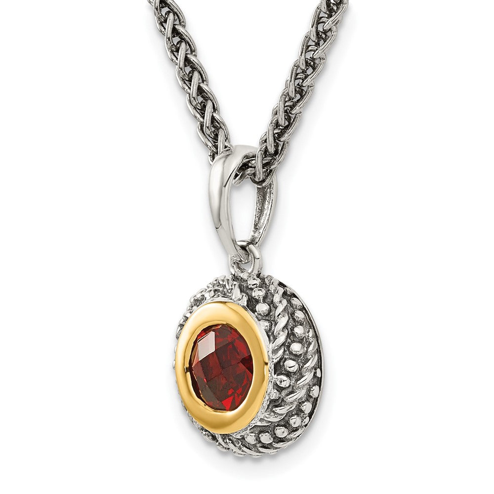 14K/Silver Two Tone Shey Couture Sterling Silver With 14K Accent 18 Inch Antiqued Checkerboard Round Bezel Garnet Necklace
