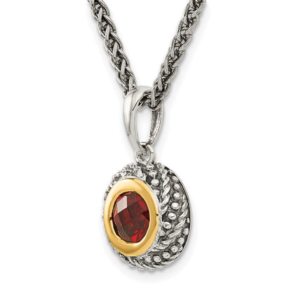 14K/Silver Two Tone Shey Couture Sterling Silver With 14K Accent 18 Inch Antiqued Checkerboard Round Bezel Garnet Necklace