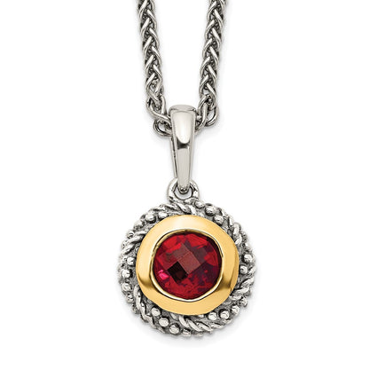14K/Silver Two Tone Shey Couture Sterling Silver With 14K Accent 18 Inch Antiqued Checkerboard Round Bezel Garnet Necklace