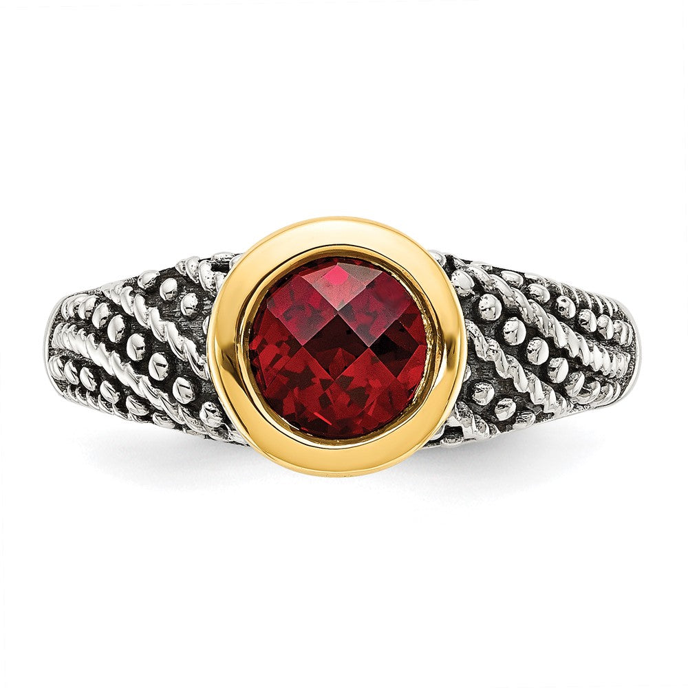 14K/Silver Two Tone Shey Couture Sterling Silver With 14K Accent Antiqued Round Bezel Garnet Ring