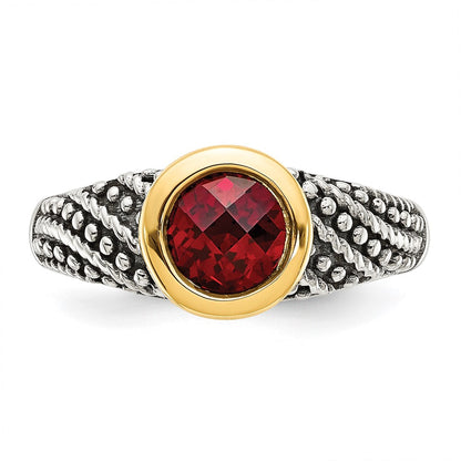 14K/Silver Two Tone Shey Couture Sterling Silver With 14K Accent Antiqued Round Bezel Garnet Ring