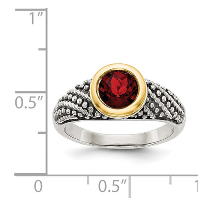 14K/Silver Two Tone Shey Couture Sterling Silver With 14K Accent Antiqued Round Bezel Garnet Ring