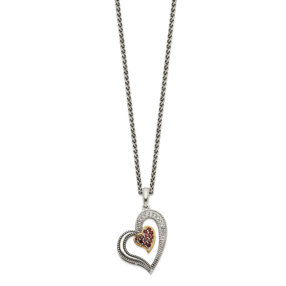 14K/Silver Two Tone Shey Couture Sterling Silver With 14K Accent 18 Inch Antiqued Pav‚Äö .22Garnet And .20White Topaz Heart Necklace