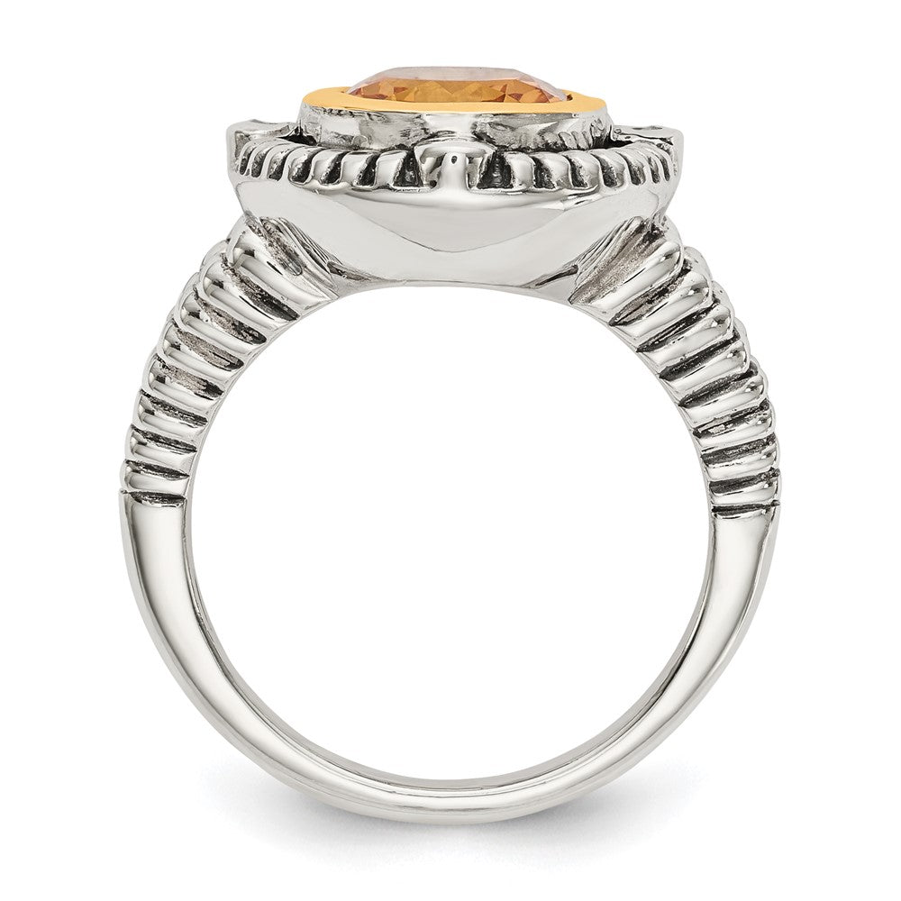 14K/Silver Two Tone Shey Couture Sterling Silver With 14K Accent Antiqued Oval Bezel Citrine Diamond Ring (Size 6 Only)