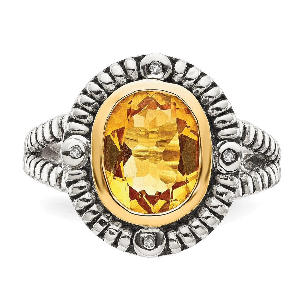 14K/Silver Two Tone Shey Couture Sterling Silver With 14K Accent Antiqued Oval Bezel Citrine Diamond Ring (Size 6 Only)