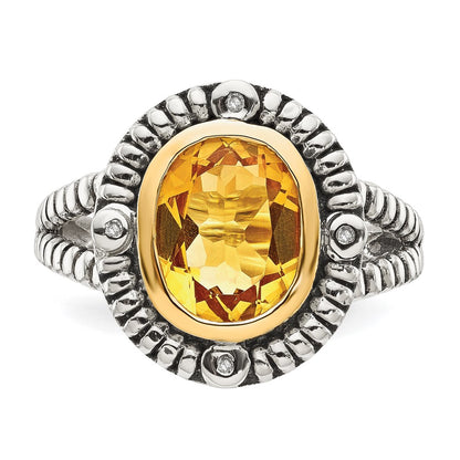 14K/Silver Two Tone Shey Couture Sterling Silver With 14K Accent Antiqued Oval Bezel Citrine Diamond Ring (Size 6 Only)