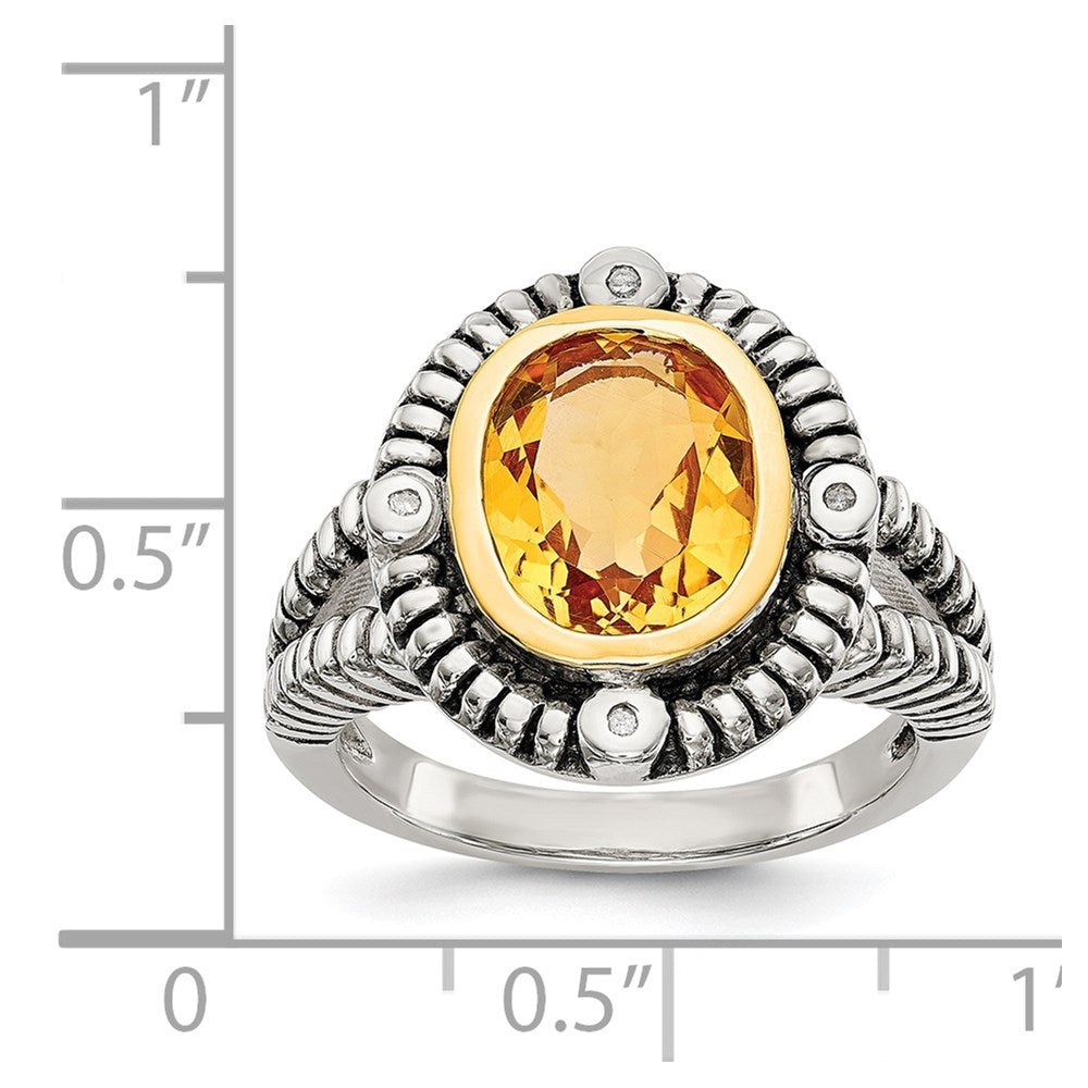 14K/Silver Two Tone Shey Couture Sterling Silver With 14K Accent Antiqued Oval Bezel Citrine Diamond Ring (Size 6 Only)