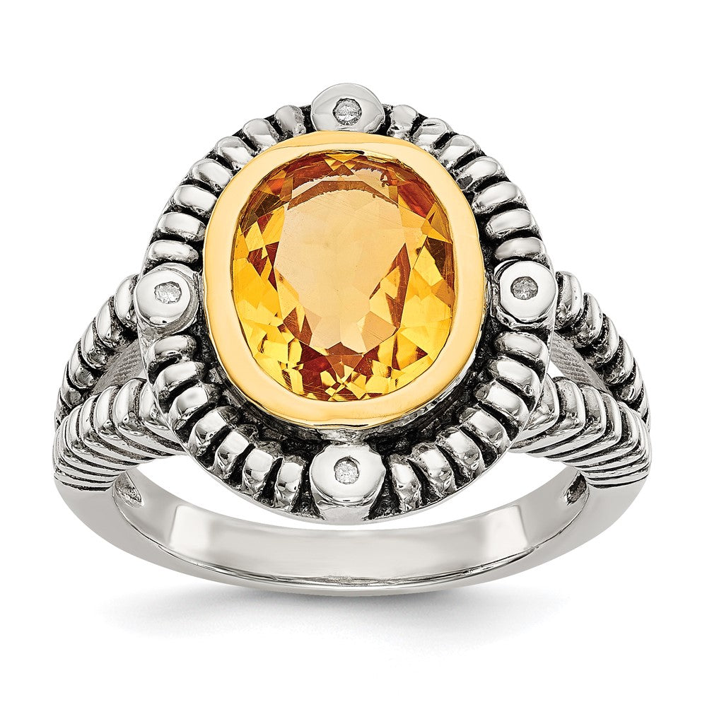 14K/Silver Two Tone Shey Couture Sterling Silver With 14K Accent Antiqued Oval Bezel Citrine Diamond Ring (Size 6 Only)