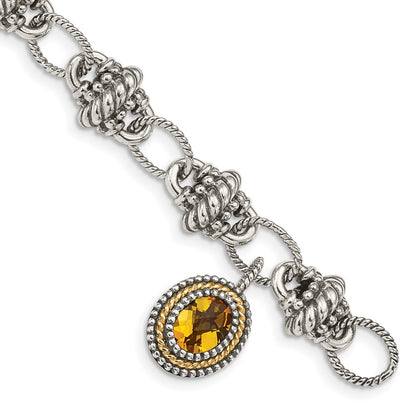 14K/Silver Two Tone Shey Couture Sterling Silver With 14K Accent 7.75 Inch Antiqued Oval Citrine Bracelet