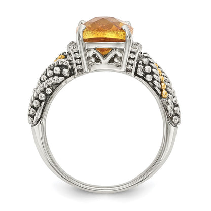 14K/Silver Two Tone Shey Couture Sterling Silver With 14K Accent Antiqued Diamond And Checkerboard Cushion Citrine Ring