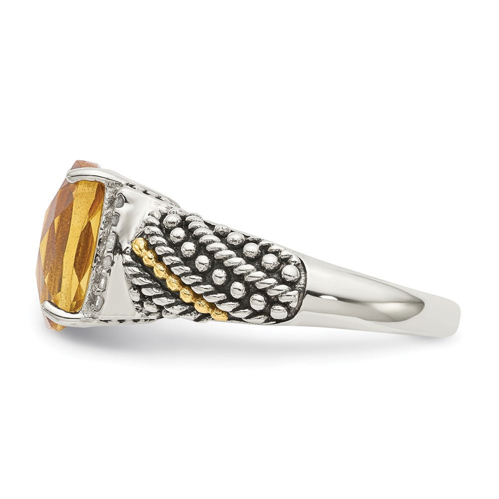 14K/Silver Two Tone Shey Couture Sterling Silver With 14K Accent Antiqued Diamond And Checkerboard Cushion Citrine Ring