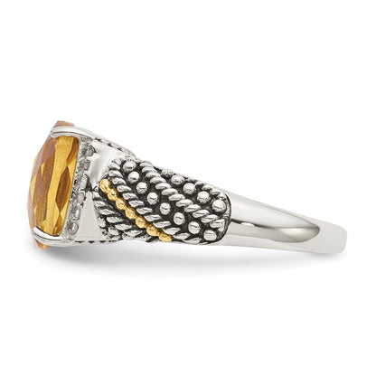 14K/Silver Two Tone Shey Couture Sterling Silver With 14K Accent Antiqued Diamond And Checkerboard Cushion Citrine Ring