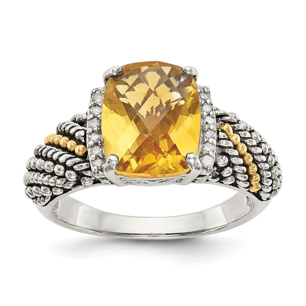 14K/Silver Two Tone Shey Couture Sterling Silver With 14K Accent Antiqued Diamond And Checkerboard Cushion Citrine Ring