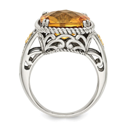 14K/Silver Two Tone Shey Couture Sterling Silver With 14K Accent Antiqued Cushion Citrine Ring
