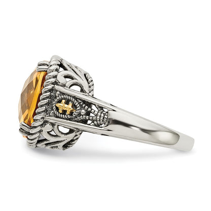 14K/Silver Two Tone Shey Couture Sterling Silver With 14K Accent Antiqued Cushion Citrine Ring