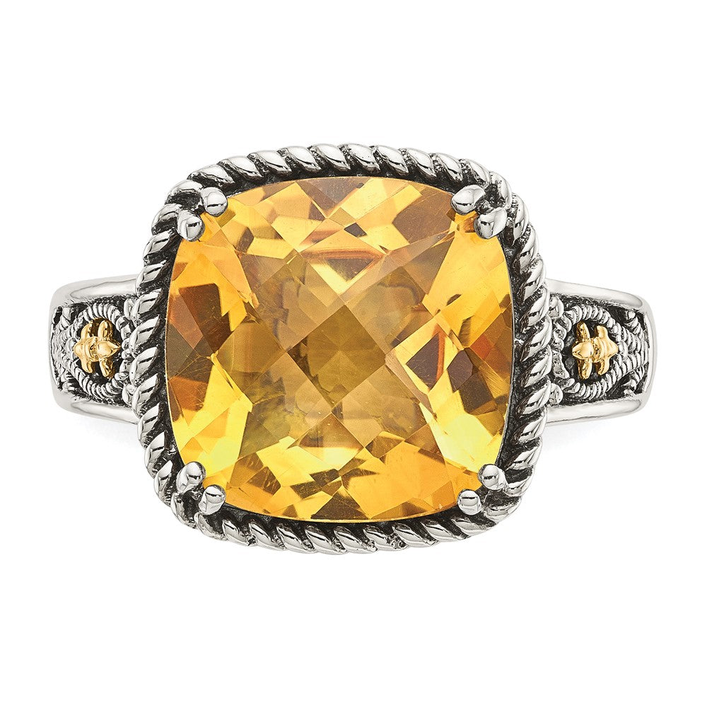 14K/Silver Two Tone Shey Couture Sterling Silver With 14K Accent Antiqued Cushion Citrine Ring