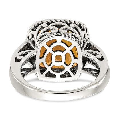 14K/Silver Two Tone Shey Couture Sterling Silver With 14K Accent Antiqued Cushion Citrine Ring