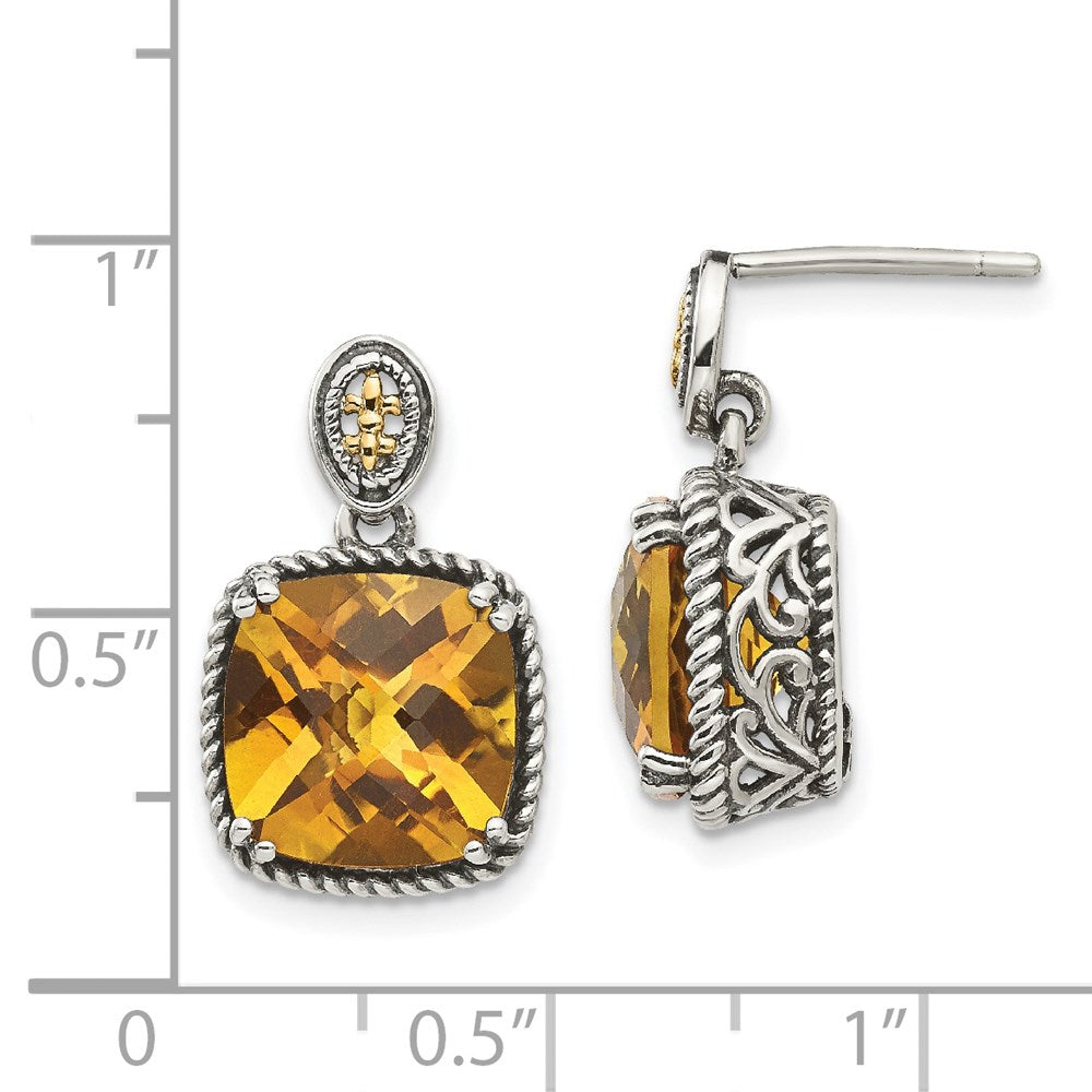 14K/Silver Two Tone Shey Couture Sterling Silver With 14K Accent Antiqued Cushion Citrine Dangle Post Earrings