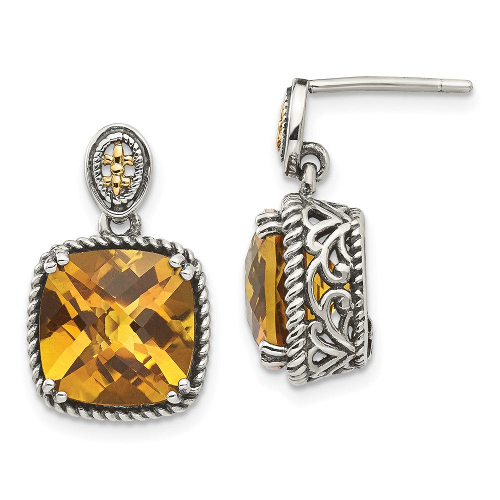 14K/Silver Two Tone Shey Couture Sterling Silver With 14K Accent Antiqued Cushion Citrine Dangle Post Earrings