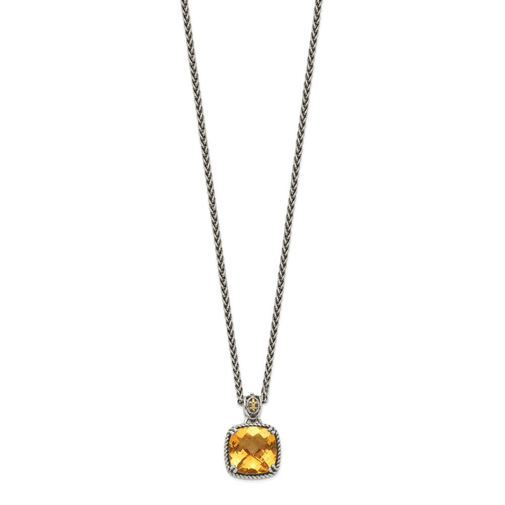 14K/Silver Two Tone Shey Couture Sterling Silver With 14K Accent 18 Inch Antiqued Checkerboard Cushion Citrine Necklace