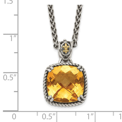 14K/Silver Two Tone Shey Couture Sterling Silver With 14K Accent 18 Inch Antiqued Checkerboard Cushion Citrine Necklace