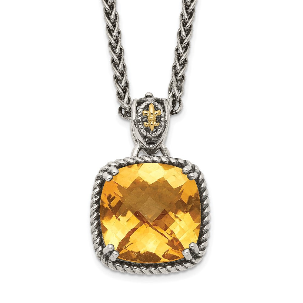 14K/Silver Two Tone Shey Couture Sterling Silver With 14K Accent 18 Inch Antiqued Checkerboard Cushion Citrine Necklace