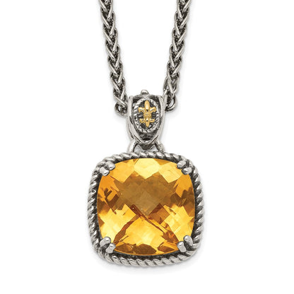 14K/Silver Two Tone Shey Couture Sterling Silver With 14K Accent 18 Inch Antiqued Checkerboard Cushion Citrine Necklace