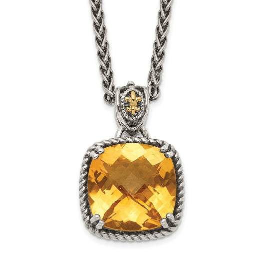 14K/Silver Two Tone Shey Couture Sterling Silver With 14K Accent 18 Inch Antiqued Checkerboard Cushion Citrine Necklace