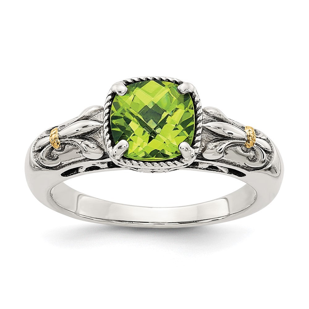 14K/Silver Two Tone Shey Couture Sterling Silver With 14K Accent Antiqued Cushion Peridot Ring