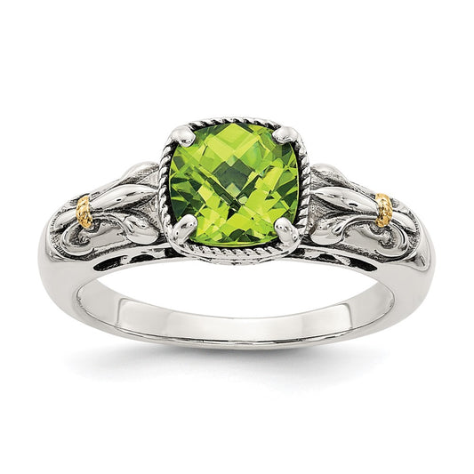 14K/Silver Two Tone Shey Couture Sterling Silver With 14K Accent Antiqued Cushion Peridot Ring