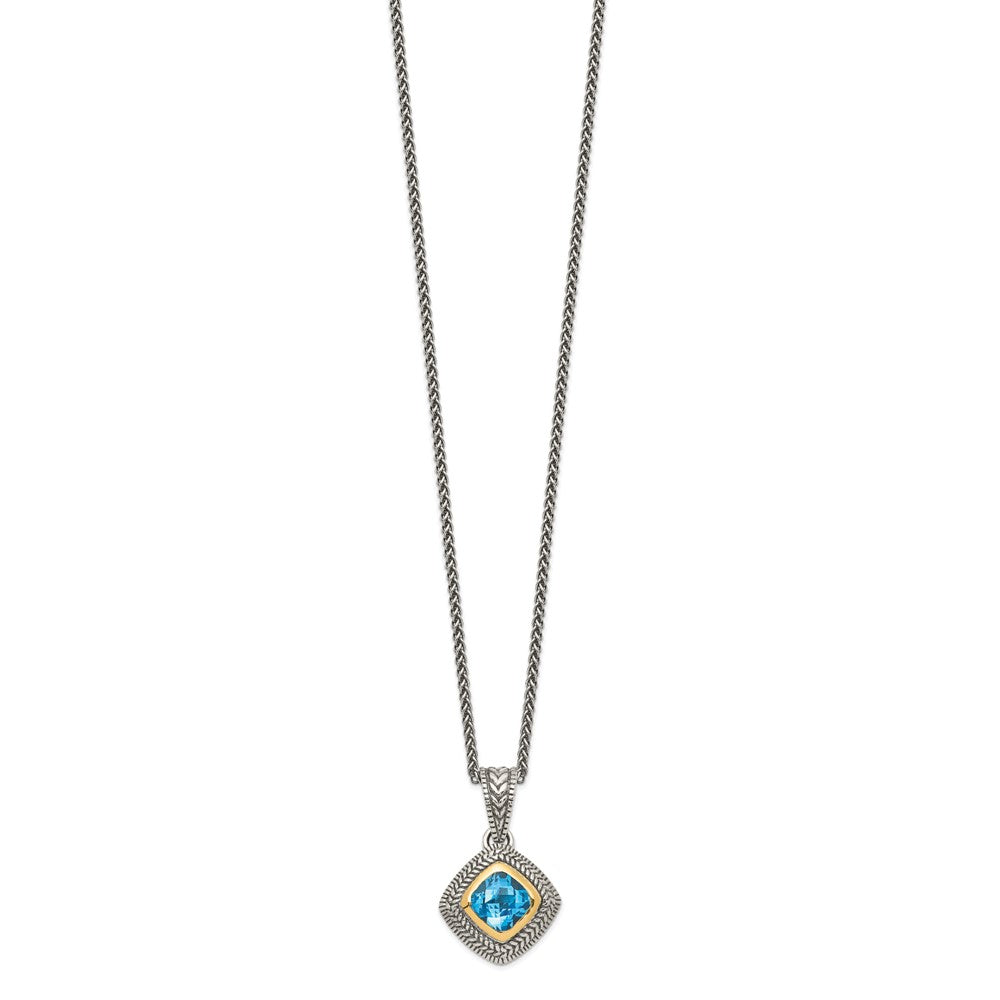 14K/Silver Two Tone Shey Couture Sterling Silver With 14K Accent 18 Inch Antiqued Cushion Bezel Sky Blue Topaz Necklace