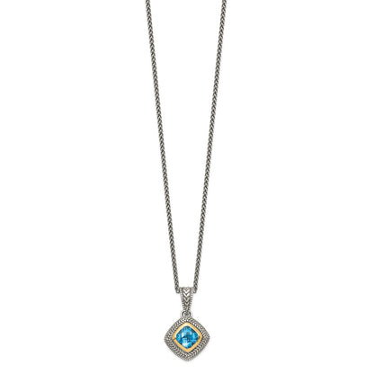 14K/Silver Two Tone Shey Couture Sterling Silver With 14K Accent 18 Inch Antiqued Cushion Bezel Sky Blue Topaz Necklace