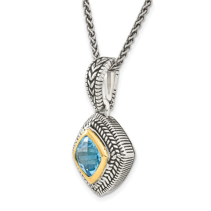 14K/Silver Two Tone Shey Couture Sterling Silver With 14K Accent 18 Inch Antiqued Cushion Bezel Sky Blue Topaz Necklace
