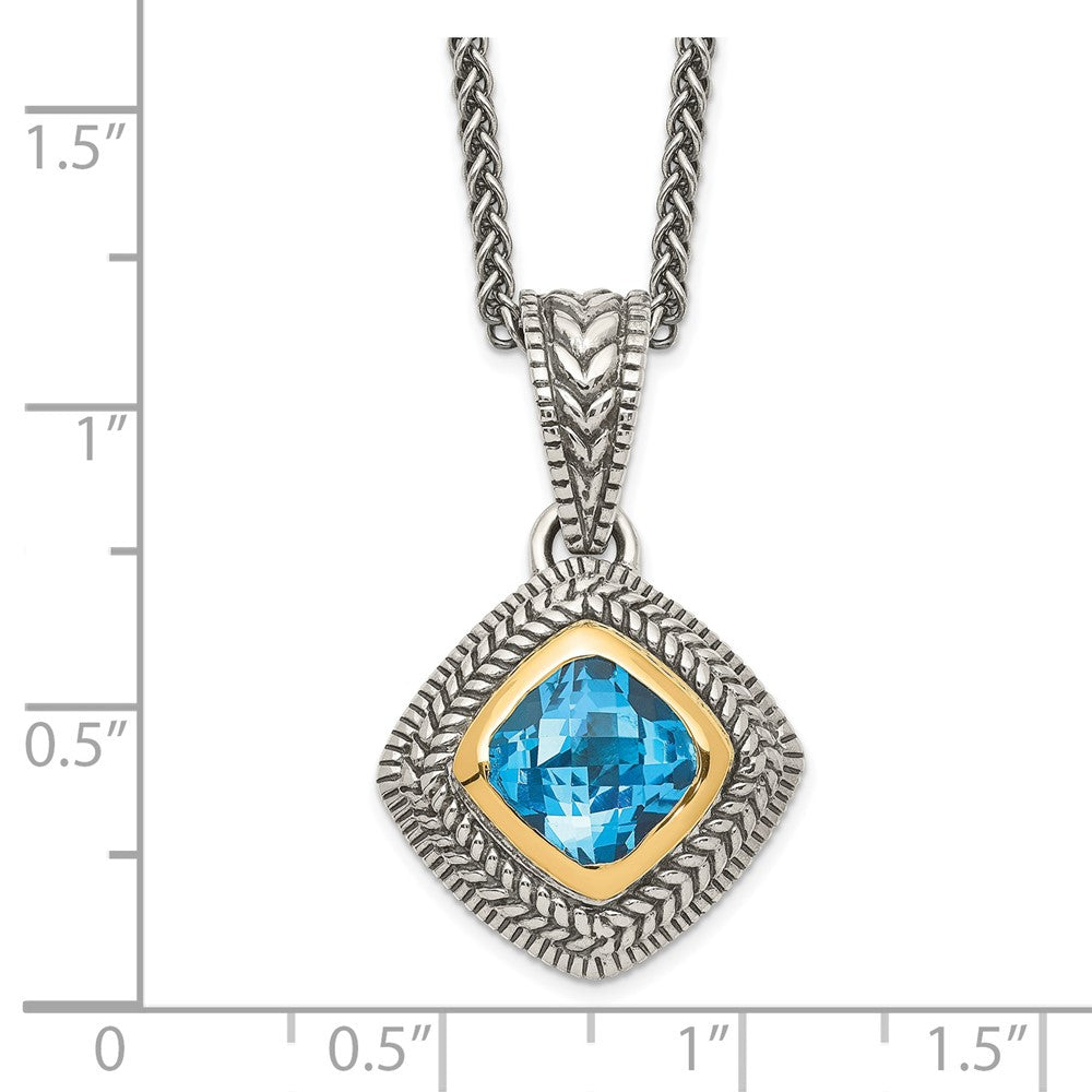 14K/Silver Two Tone Shey Couture Sterling Silver With 14K Accent 18 Inch Antiqued Cushion Bezel Sky Blue Topaz Necklace