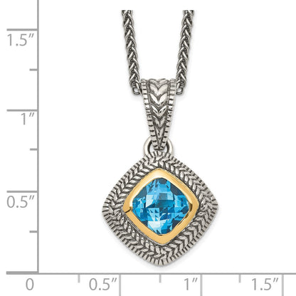 14K/Silver Two Tone Shey Couture Sterling Silver With 14K Accent 18 Inch Antiqued Cushion Bezel Sky Blue Topaz Necklace