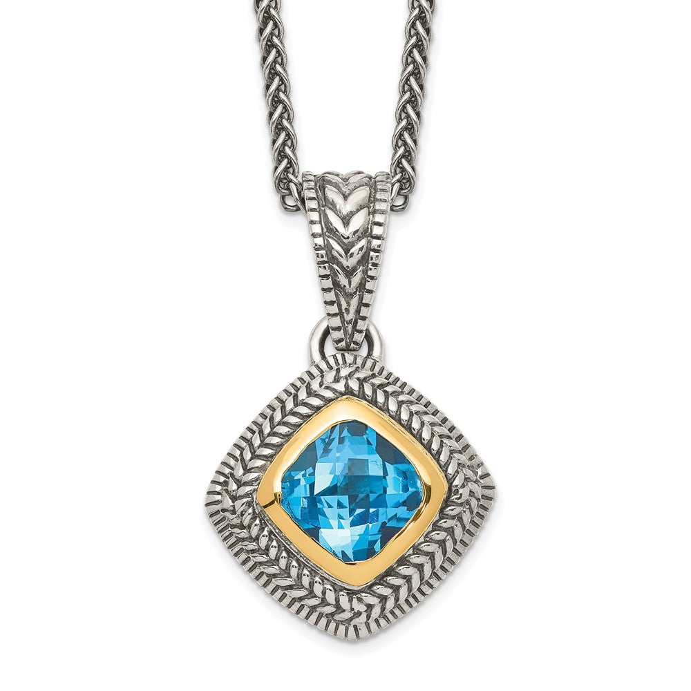 14K/Silver Two Tone Shey Couture Sterling Silver With 14K Accent 18 Inch Antiqued Cushion Bezel Sky Blue Topaz Necklace